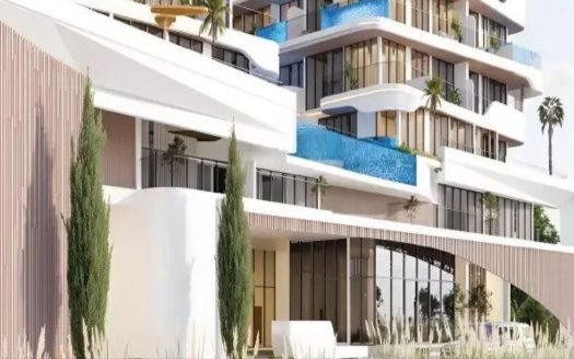 Luxury studio apartment at Samana Ibiza, showcasing a private pool and elegant Mediterranean-inspired design, set against the vibrant backdrop of Dubai.